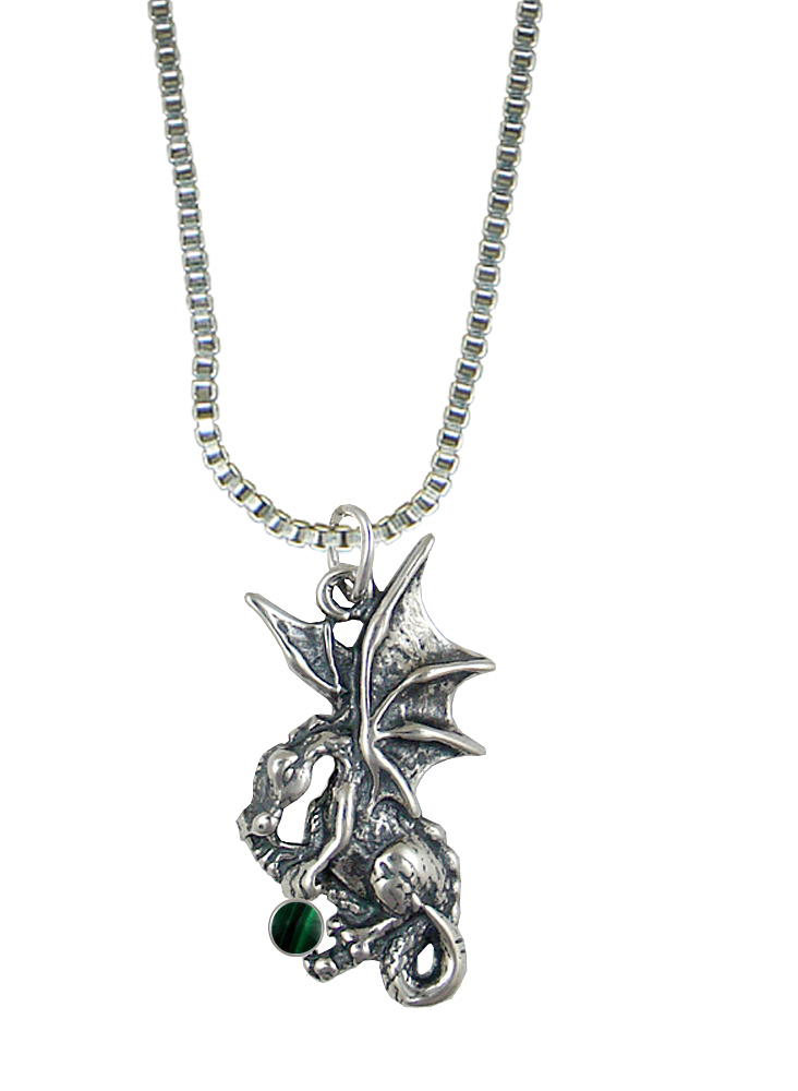 Sterling Silver Playful Dragon Pendant With Malachite